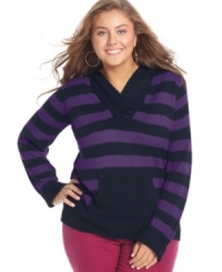 Stay warm and stylish this season with Extra Touch's plus size hooded sweater, featuring on-trend stripes! Stay warm and stylish this season with Extra Touch's plus size hooded sweater, featuring on-trend stripes!