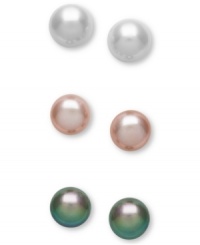Polish just about any look with the perfect hue. This 3-piece stud earring set features cultured freshwater pearls (8-9 mm) in white, pale pink and black. Set in sterling silver. Approximate diameters: 3/8 inch and 1/3 inch. Polish just about any look with the perfect hue. This 3-piece stud earring set features cultured freshwater pearls (8-9 mm) in white, pale pink and black. Set in sterling silver. Approximate diameters: 3/8 inch and 1/3 inch.