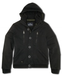 Layer up in on-trend style with this zip up fleece hoodie from Buffalo David Bitton. Layer up in on-trend style with this zip up fleece hoodie from Buffalo David Bitton.