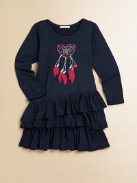 This adorable dress sports asymmetrical ruffles and an embroidered heart-shaped dreamcatcher motif.ScoopneckLong sleevesPull-on styleThree-tiered asymmetrical ruffle hem95% rayon/5% spandexMachine washImported This adorable dress sports asymmetrical ruffles and an embroidered heart-shaped dreamcatcher motif.ScoopneckLong sleevesPull-on styleThree-tiered asymmetrical ruffle hem95% rayon/5% spandexMachine washImported