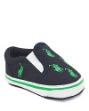 Classic skater slip on shoe for your little dude, with embroidered logo detail and side gore closure.