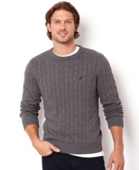 Fashionably appealing and classically stylish is this regular fit cable crew neck sweater by Nautica. Fashionably appealing and classically stylish is this regular fit cable crew neck sweater by Nautica.