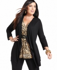 Snag two looks for one great price with Style&co.'s plus size layered look top, including a solid cardigan and printed inset. Snag two looks for one great price with Style&co.'s plus size layered look top, including a solid cardigan and printed inset.