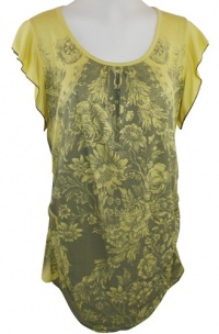 Vanilla Sugar Ruffled Short Sleeve, Cotton Print, Boat Neck, Rhinestone Accents on a Yellow Colored Floral Patterned Top - Vero Vanilla Sugar Ruffled Short Sleeve, Cotton Print, Boat Neck, Rhinestone Accents on a Yellow Colored Floral Patterned Top - Vero