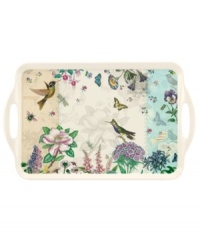 A fresh take on Portmeirion's beloved Botanic Garden pattern, this outdoor-friendly Botanic Hummingbird tray features colorful wildlife layered with muted blooms on durable white melamine. A fresh take on Portmeirion's beloved Botanic Garden pattern, this outdoor-friendly Botanic Hummingbird tray features colorful wildlife layered with muted blooms on durable white melamine.