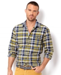 Patterned after classic summer style, this madras plaid shirt from Nautica should be a part of every wardrobe. Patterned after classic summer style, this madras plaid shirt from Nautica should be a part of every wardrobe.