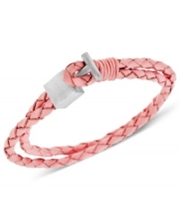 It's a wrap. This trendy, colorful men's wrap bracelet amps up any look with two strands of braided pink leather and a stainless steel clasp. Approximate length: 8-1/4 inches. It's a wrap. This trendy, colorful men's wrap bracelet amps up any look with two strands of braided pink leather and a stainless steel clasp. Approximate length: 8-1/4 inches.
