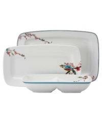 Serve it all up in style! This compact, stackable set of serveware and serving dishes includes entertaining essentials to fit every occasion: One 15 rectangular platter, one divided server, and one hors d'oeuvres tray. Coordinates with the beautiful watercolor-inspired Chirp dinnerware and dishes from Lenox Simply Fine. Serve it all up in style! This compact, stackable set of serveware and serving dishes includes entertaining essentials to fit every occasion: One 15 rectangular platter, one divided server, and one hors d'oeuvres tray. Coordinates with the beautiful watercolor-inspired Chirp dinnerware and dishes from Lenox Simply Fine.