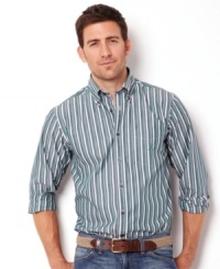Take the straight-and-narrow to easy style with this striped shirt from Nautica. Take the straight-and-narrow to easy style with this striped shirt from Nautica.