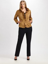 Ruffles add a romantic touch to this exquisitely designed jacket. Back waist darts ensure you will love the way this style fits you.Ruffle collarConcealed zipper closureSlash pocketsBack waist dartsBack ventAbout 24 from shoulder to hemPolyesterMachine washImported of Italian fabric Ruffles add a romantic touch to this exquisitely designed jacket. Back waist darts ensure you will love the way this style fits you.Ruffle collarConcealed zipper closureSlash pocketsBack waist dartsBack ventAbout 24 from shoulder to hemPolyesterMachine washImported of Italian fabric