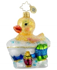 Splish, splash, time for bath! The perfect ornament for your little ones to decorate the tree with, this bright yellow duck sitting in the bathtub gives your tree a whimsical look. From Christopher Radko. Splish, splash, time for bath! The perfect ornament for your little ones to decorate the tree with, this bright yellow duck sitting in the bathtub gives your tree a whimsical look. From Christopher Radko.