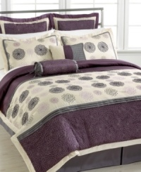 As fresh as a daisy. A mix of quilted and embroidered daisies renders a supremely fresh and contemporary allure in this Daisy Charm comforter set. Pieces are embellished with pleated details and ribbon accents all in a contrasting palette of pink, gray and rich purple. As fresh as a daisy. A mix of quilted and embroidered daisies renders a supremely fresh and contemporary allure in this Daisy Charm comforter set. Pieces are embellished with pleated details and ribbon accents all in a contrasting palette of pink, gray and rich purple.