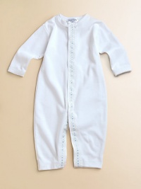 The softest cotton one-piece, decorated with adorable blue dot trim.Snap closuresLong sleevesPicot edgingMachine washCottonImported The softest cotton one-piece, decorated with adorable blue dot trim.Snap closuresLong sleevesPicot edgingMachine washCottonImported