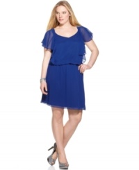 A blouson-style fit with sheer short flutter sleeves make for a flattering plus size dress by SL Fashions. A blouson-style fit with sheer short flutter sleeves make for a flattering plus size dress by SL Fashions.