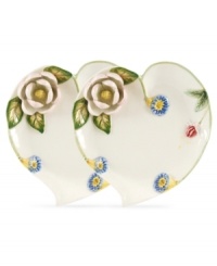 For nature lovers. This pair of Botanic Hummingbird heart trays are sculpted with colorful blooms in porcelain designed to accent more than just your dinner table. From Portmeirion's collection of serveware and serving dishes. For nature lovers. This pair of Botanic Hummingbird heart trays are sculpted with colorful blooms in porcelain designed to accent more than just your dinner table. From Portmeirion's collection of serveware and serving dishes.