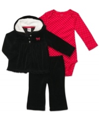 Cozy will be coming her way in this sweet bodysuit, pant and sweater 3-piece set from Carter's. Cozy will be coming her way in this sweet bodysuit, pant and sweater 3-piece set from Carter's.