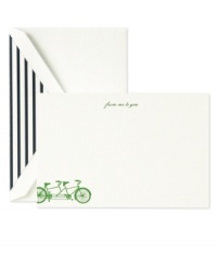 Get everybody's wheels spinning with From Me to You stationary. A letterpress bicycle print comes around the corner on white cards with stripe-lined envelopes from kate spade by Crane. Get everybody's wheels spinning with From Me to You stationary. A letterpress bicycle print comes around the corner on white cards with stripe-lined envelopes from kate spade by Crane.