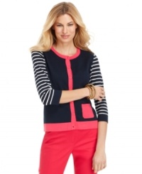 Jones New York Signature's new petite cardigan blends the nautical and the feminine with sea-worthy striped sleeves and lively pink trim at the collar, front placket and hem-the pink patch pocket is the finishing touch! (Clearance) Jones New York Signature's new petite cardigan blends the nautical and the feminine with sea-worthy striped sleeves and lively pink trim at the collar, front placket and hem-the pink patch pocket is the finishing touch! (Clearance)