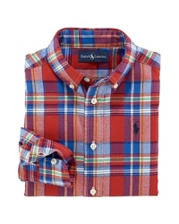 A signature button-down design is rendered in lightweight cotton plaid for a classic must-have. A signature button-down design is rendered in lightweight cotton plaid for a classic must-have.