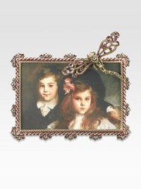 A keepsake piece fit for a special photograph, beautifully handcrafted in brass ox-plated pewter with Swarovski crystal trim. Accommodates a 4 X 6 photographOverall, 5 X 7Made in USA A keepsake piece fit for a special photograph, beautifully handcrafted in brass ox-plated pewter with Swarovski crystal trim. Accommodates a 4 X 6 photographOverall, 5 X 7Made in USA