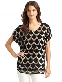 THE LOOKScalloped sequin designSemi-sheerPullover style Round neckline Short dolman sleevesTHE FITAbout 26 from shoulder to hemTHE MATERIALViscoseCARE & ORIGINDry cleanImportedModel shown is 5'10 (177cm) wearing US size Small. THE LOOKScalloped sequin designSemi-sheerPullover style Round neckline Short dolman sleevesTHE FITAbout 26 from shoulder to hemTHE MATERIALViscoseCARE & ORIGINDry cleanImportedModel shown is 5'10 (177cm) wearing US size Small.