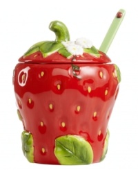 Ripe for the taking, the Strawberry jam jar from Martha Stewart Collection has all the appeal of summer's juiciest fruit. With figural leaf and ladybug detail. Ripe for the taking, the Strawberry jam jar from Martha Stewart Collection has all the appeal of summer's juiciest fruit. With figural leaf and ladybug detail.