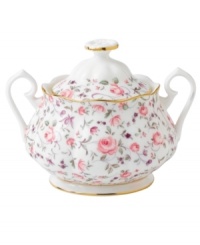 Scattered with dainty blooms, the Rose Confetti sugar bowl restores the grace and charm of another era in fine bone china from Royal Albert. Scalloped edges with gold banding and a traditionally feminine palette add to its romantic sensibility. Scattered with dainty blooms, the Rose Confetti sugar bowl restores the grace and charm of another era in fine bone china from Royal Albert. Scalloped edges with gold banding and a traditionally feminine palette add to its romantic sensibility.