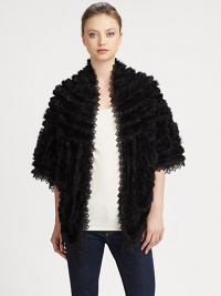 Luxurious rabbit fur with lace insets and trim in a statement-making style that exudes romanticism.Dyed rabbit furOpen frontThree-quarter sleevesAbout 36 from shoulder to hem80% rayon/20% nylon laceSpot cleanImportedRabbit fur origin: China Luxurious rabbit fur with lace insets and trim in a statement-making style that exudes romanticism.Dyed rabbit furOpen frontThree-quarter sleevesAbout 36 from shoulder to hem80% rayon/20% nylon laceSpot cleanImportedRabbit fur origin: China