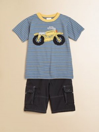 Stripes and motorcycles set the scene for this handsome set with a cozy cotton knit and ultra-cool cargo shorts. Tee CrewneckShort sleevesMotorcycle appliquéCottonImported of domestic fabric Shorts Elastic waistband with draw cord and cord lockTwo cargo pockets with flapTwo back flap pocketsTwo front side pockets70% cotton/30% nylonMachine washImportedAdditional InformationKid's Apparel Size Guide Stripes and motorcycles set the scene for this handsome set with a cozy cotton knit and ultra-cool cargo shorts. Tee CrewneckShort sleevesMotorcycle appliquéCottonImported of domestic fabric Shorts Elastic waistband with draw cord and cord lockTwo cargo pockets with flapTwo back flap pocketsTwo front side pockets70% cotton/30% nylonMachine washImportedAdditional InformationKid's Apparel Size Guide