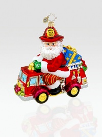 Santa rushes to the rescue in this playful Christmas ornament made of mouthblown European glass.Mouthblown, hand-painted glass 5¼ high Made in Poland Santa rushes to the rescue in this playful Christmas ornament made of mouthblown European glass.Mouthblown, hand-painted glass 5¼ high Made in Poland