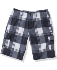 Be bold. Make a strong style statement with these comfortable buffalo-plaid cargo shorts from Univibe. Be bold. Make a strong style statement with these comfortable buffalo-plaid cargo shorts from Univibe.