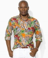 A vibrant paisley pattern enlivens a trim-fitting sport shirt, crafted from crisp, lightweight cotton. A vibrant paisley pattern enlivens a trim-fitting sport shirt, crafted from crisp, lightweight cotton.