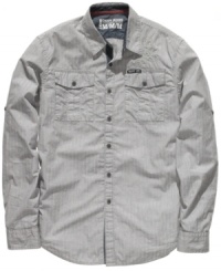 Stripes take your casual style up a notch with this button-front shirt from DKNY Jeans. Stripes take your casual style up a notch with this button-front shirt from DKNY Jeans.