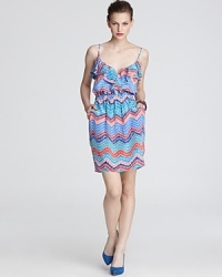 Imbued with eye-popping zigzag stripes and edged with a feminine ruffle, this Shoshanna dress is just as chic with metallic flats as it is with chunky platforms. Imbued with eye-popping zigzag stripes and edged with a feminine ruffle, this Shoshanna dress is just as chic with metallic flats as it is with chunky platforms.