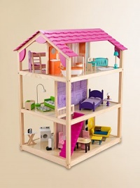 This large dollhouse is created in wood with an open design that offers plenty of room to play from all angles. Designed with three floors of fun, 10 rooms and 45 pieces of furniture, plus two bright pink staircases. This large dollhouse is created in wood with an open design that offers plenty of room to play from all angles. Designed with three floors of fun, 10 rooms and 45 pieces of furniture, plus two bright pink staircases.