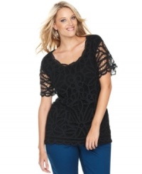 Sheer perfection: INC's short sleeve plus size top, featuring an elegant lace front-- dress it up with trousers or down with denim. (Clearance) Sheer perfection: INC's short sleeve plus size top, featuring an elegant lace front-- dress it up with trousers or down with denim. (Clearance)