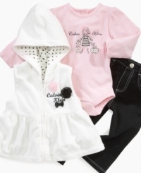 Show off her stylish side with this ultra adorable hooded vest, bodysuit and jeggings set by Calvin Klein. Show off her stylish side with this ultra adorable hooded vest, bodysuit and jeggings set by Calvin Klein.