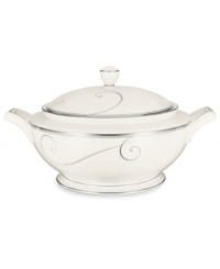 Fluid platinum scrolls glide freely throughout this beautiful fine china covered vegetable bowl from Noritake. Easy to match with any decor, the fresh and elegant Platinum Wave collection of dinnerware and dishes is a timeless look for fine dining or luxurious everyday meals. Holds 67 oz. Fluid platinum scrolls glide freely throughout this beautiful fine china covered vegetable bowl from Noritake. Easy to match with any decor, the fresh and elegant Platinum Wave collection of dinnerware and dishes is a timeless look for fine dining or luxurious everyday meals. Holds 67 oz.