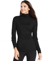 A wardrobe staple, this Alfani petite turtleneck top features ruching details for feminine flair! A wardrobe staple, this Alfani petite turtleneck top features ruching details for feminine flair!