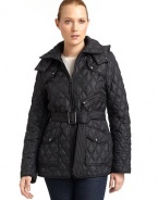 THE LOOKDiamond quilted designZip-off hoodRounded collarFront zipperStorm flaps with snapsFront zip pocketDual snap flap pocketsRemovable tie beltLong sleevesTHE FITAbout 27 from shoulder to hemTHE MATERIALShell and fill: polyesterFully linedCARE & ORIGINDry cleanImportedModel shown is 5'10 (177cm) wearing US size Small. 