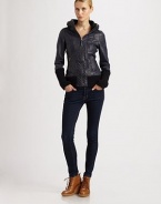 Impeccably distressed lamb leather meets ribbed-knit details and a convenient zip-out jersey hood.Stand collarConcealed jersey hoodFront zipperZipper slash pocketsRibbed-knit cuffs and hemIntricate seamsFully linedAbout 25 from shoulder to hemBody: lamb leatherCombo: 52% wool/48% acrylicDry clean by leather specialistImported Model shown is 5'11 (180cm) wearing US size Small. 
