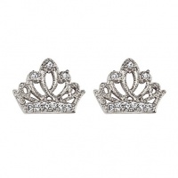 .925 Sterling Silver Rhodium Plated Crown CZ Stud Earrings with Screw-back for Children & Women