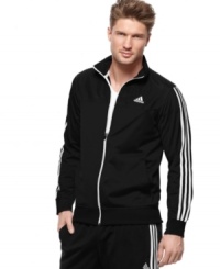 Cool down. Your sporty style may be heating up but you'll stay comfortable in this adidas tricot track jacket featuring Climalite technology to keep you dry. Cool down. Your sporty style may be heating up but you'll stay comfortable in this adidas tricot track jacket featuring Climalite technology to keep you dry.