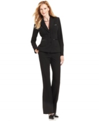 Piping and faux-leather trim distinguishes this Anne Klein petite suit from the rest. Pair with classic black accessories for a sleek look or try it with bright pumps for a pop of color. Piping and faux-leather trim distinguishes this Anne Klein petite suit from the rest. Pair with classic black accessories for a sleek look or try it with bright pumps for a pop of color.