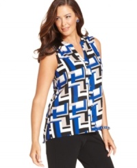 Layer your jackets and cardigans this season with Alfani's sleeveless plus size blouse, finished by a bold print. Layer your jackets and cardigans this season with Alfani's sleeveless plus size blouse, finished by a bold print.