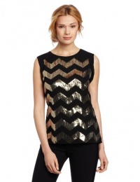 Vince Camuto Women's Sleeveless Chiffon Trim Chevron Sequin Blouse, Rich Black, Medium