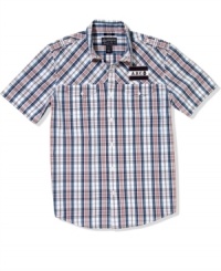 Block party! You'll stay cool and looking good in any social scene with this plaid shirt from American Rag. Block party! You'll stay cool and looking good in any social scene with this plaid shirt from American Rag.