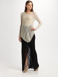 Gossamer wool-blend in an airy chevron knit dips to a point at front hem.Banded round neckline Long sleeves Asymmetrical hem About 36½ long 88% wool/12% nylon Dry clean Imported Gossamer wool-blend in an airy chevron knit dips to a point at front hem.Banded round neckline Long sleeves Asymmetrical hem About 36½ long 88% wool/12% nylon Dry clean Imported