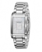 Classic good taste for every day. Watch by Emporio Armani crafted of stainless steel bracelet and rectangular case. Mother-of-pearl dial features silver tone Roman numerals at markers, black minute track, two silver tone hands and logo. Quartz movement. Water resistant to 30 meters. Two-year limited warranty.