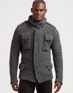 An extra-chunky knit sweater does double duty as a cold weather layering essential finished in a stylish, streamlined silhouette.Button-frontStand collarShoulder epaulettesChest, waist flap pocketsAbout 29 from shoulder to hem80% wool/20% nylonHand washMade in Italy